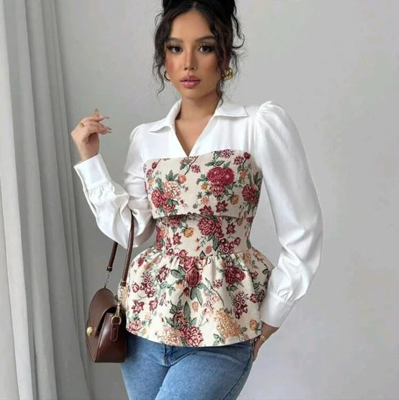 Women's Retro Floral Patchwork Long Sleeve Blouse, Elegant Style Suitable for Au - Picture 2 of 4